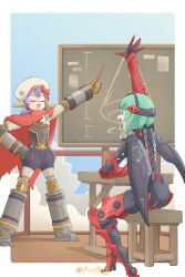 Rule 34 | absurdres, arciarcy, arm up, beret, blueprint (object), cape, chalkboard, corsage, desk, flower, green hair, hand on own hip, hat, highres, in-franchise crossover, ino (xenoblade), joints, low twintails, mechanical wings, open mouth, pointer, poppi (xenoblade), poppi alpha (xenoblade), purple hair, red cape, robot girl, robot joints, sitting, stool, twintails, wings, xenoblade chronicles (series), xenoblade chronicles 2, xenoblade chronicles 3