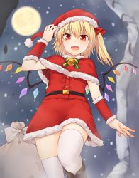 Rule 34 | 1girl, :d, alternate costume, bell, belt, black belt, blonde hair, blush, boots, bow, bowtie, brown footwear, capelet, christmas, commentary request, cowboy shot, crystal, dress, flandre scarlet, full moon, fur-trimmed capelet, fur trim, hair bow, hand up, hat, looking at viewer, miyo (ranthath), moon, night, night sky, one side up, open mouth, pom pom (clothes), red bow, red capelet, red dress, red eyes, red hat, sack, santa costume, santa hat, short dress, short hair, sky, smile, snowing, solo, standing, thighhighs, thighs, touhou, white thighhighs, wings, wrist cuffs, zettai ryouiki
