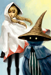 Rule 34 | 1boy, 1girl, 1other, black mage, black mage (fft), black mage (final fantasy), blonde hair, final fantasy, final fantasy tactics, gloves, glowing, glowing eyes, gradient background, hat, hood, long hair, ninetysix, pantyhose, robe, standing, white mage, white mage (fft), white mage (final fantasy), witch hat, yellow eyes