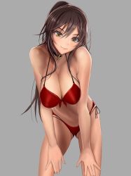 Rule 34 | 1girl, absurdres, bare shoulders, bikini, black hair, breasts, choker, closed mouth, grey background, hair between eyes, halterneck, hands on own thighs, high ponytail, highres, idolmaster, idolmaster shiny colors, jewelry, large breasts, leaning forward, long hair, necklace, pink lips, ponytail, red bikini, rokuba, shirase sakuya, sidelocks, smile, swimsuit, thighs, yellow eyes