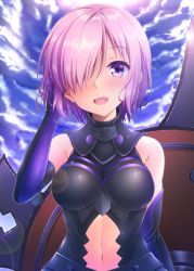 Rule 34 | 10t, 1girl, :d, breasts, breasts apart, cloud, cloudy sky, day, elbow gloves, fate/grand order, fate (series), gloves, hair over one eye, hand in own hair, lens flare, mash kyrielight, medium breasts, open mouth, outdoors, pink hair, purple eyes, purple gloves, shiny clothes, short hair, sky, smile, solo, standing, upper body