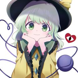Rule 34 | 1girl, absurdres, black hat, closed mouth, commentary, green eyes, green hair, hand on own face, hat, hat ribbon, heart, heart of string, highres, koishi day, komeiji koishi, long sleeves, looking at viewer, medium hair, ribbon, simple background, smile, solo, third eye, tiranaihana, touhou, upper body, white background, yellow ribbon
