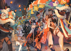 Rule 34 | 1boy, 3girls, aamond, absurdres, black hair, blonde hair, braid, feet out of frame, fireworks, gloves, hand on own face, highres, hood, hood up, horse mask, huge filesize, knives out, lantern, leg up, lion dance, long sleeves, mask, multiple girls, one eye closed, open mouth, outdoors, red eyes, skindentation, smile, white gloves