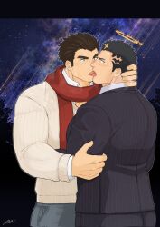 Rule 34 | 2boys, alternate costume, ass, bara, beard stubble, black hair, black suit, blush, breath, brown sweater, commentary request, commission, contemporary, couple, eye contact, facial hair, formal, french kiss, from side, halo, hand on another&#039;s neck, harada (basashi), highres, kiss, large pectorals, long sideburns, looking at another, male focus, mature male, multiple boys, muscular, muscular male, mustache stubble, official alternate costume, pants, pectorals, protagonist 3 (housamo), red scarf, saliva, scarf, second-party source, short hair, sideburns, skeb commission, striped clothes, striped pants, striped suit, stubble, suit, sweater, thick eyebrows, tokyo houkago summoners, tongue, tongue out, v-shaped eyebrows, watermark, winter clothes, yaoi, zabaniyya (fashionista suit) (housamo), zabaniyya (housamo)