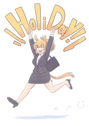 Rule 34 | 1girl, :d, ^ ^, animal ears, arms up, bag, black footwear, black jacket, black skirt, blonde hair, blush, breasts, closed eyes, collared shirt, commentary request, dress shirt, english text, facing viewer, formal, hair between eyes, hair ornament, high heels, highres, horse ears, horse girl, horse tail, jacket, long sleeves, medium breasts, open mouth, ponytail, running, shadow, shirt, shoes, simple background, skirt, skirt suit, smile, solo, star (symbol), star hair ornament, suit, taiki shuttle (umamusume), tail, teeth, umamusume, upper teeth only, vent arbre, white background, white shirt