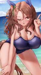 Rule 34 | 1girl, absurdres, alternate breast size, alternate eye color, animal ears, beach, blue one-piece swimsuit, blue sky, blurry, blurry background, bow, breasts, brown eyes, brown hair, cleavage, commentary request, ear bow, ear covers, feet out of frame, green bow, hair between eyes, hand on own thigh, highres, horse ears, horse girl, horse tail, index finger raised, king halo (umamusume), large breasts, leaning forward, long hair, looking at viewer, ocean, one-piece swimsuit, one eye closed, open mouth, outdoors, pointing, pointing up, sand, sky, solo, swimsuit, tabunshake, tail, umamusume, water