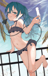 Rule 34 | 1girl, barefoot, bikini, black bikini, blue eyes, blue hair, blue sky, cloud, day, demon girl, demon tail, female focus, flat chest, food, frilled bikini, frills, highres, holding, long hair, looking at viewer, madana (xesa7885), navel, open mouth, original, outdoors, pointy ears, ponytail, popsicle, sky, solo, standing, standing on one leg, swimsuit, tail, toes, wet