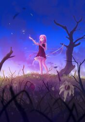 Rule 34 | 1girl, absurdres, bare arms, bare legs, bare shoulders, bare tree, black dress, dead plants, dress, dress ribbon, flower, frilled dress, frills, guilty crown, hair ornament, hairclip, highres, ilstau, long hair, nature, on grass, open mouth, outdoors, outstretched hand, pink flower, pink hair, red eyes, red ribbon, ribbon, scenery, solo, standing, tree, twilight, twintails, white dress, white flower, white ribbon, wilted flower, wind, wind lift, yuzuriha inori