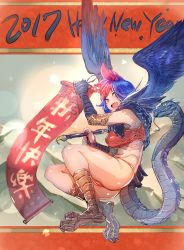 Rule 34 | 1girl, :d, ass, basilisk, blue hair, bow (bhp), breasts, chinese zodiac, fang, full body, looking at viewer, monster girl, multicolored hair, new year, open mouth, original, personification, red hair, smile, solo, tail, two-tone hair, wings, year of the rooster