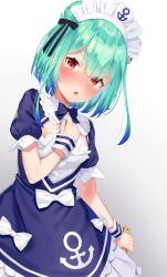 Rule 34 | 1girl, anchor, anchor symbol, black bow, blue bow, blue dress, blue hair, blue nails, blush, bow, colored tips, cosplay, double bun, dress, fang, gradient background, green hair, grey background, hair between eyes, hair bun, highres, hololive, k mugura, looking at viewer, maid headdress, minato aqua, minato aqua (1st costume), minato aqua (cosplay), multicolored hair, nail polish, nose blush, open mouth, oversized clothes, puffy short sleeves, puffy sleeves, red eyes, short sleeves, solo, tears, two-tone hair, uruha rushia, virtual youtuber, white background, wrist cuffs