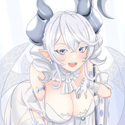 Rule 34 | 1girl, breasts, cleavage, daiichi (1279220), demon girl, demon horns, demon wings, dress, duel monster, gloves, grey eyes, highres, holding, holding polearm, holding weapon, horns, large breasts, looking at viewer, lovely labrynth of the silver castle, low wings, multiple wings, pointy ears, polearm, smile, solo, twintails, weapon, white hair, wings, yu-gi-oh!
