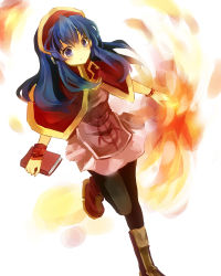 Rule 34 | 1girl, bad id, bad pixiv id, blue eyes, blue hair, book, boots, bracelet, capelet, dress, fire, fire emblem, fire emblem: the binding blade, hat, jewelry, lilina (fire emblem), long hair, matching hair/eyes, nintendo, pantyhose, sakuno shion, skirt, smile, solo