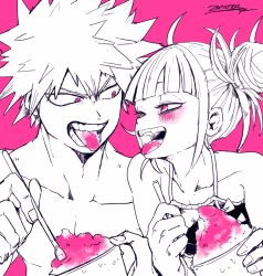 Rule 34 | 10s, 1boy, 1girl, :p, bakugou katsuki, bare pectorals, bare shoulders, bikini, bikini top only, blush, boku no hero academia, collarbone, fangs, food, greyscale, greyscale with colored background, highres, ice cream, ikapnmn2, monochrome, pectorals, pink background, pink eyes, shaved ice, spiked hair, swimsuit, toga himiko, tongue, tongue out