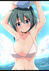 Rule 34 | 1girl, 2014, armpits, arms up, ball, beachball, bikini, blue eyes, blush, breasts, cleavage, dated, day, highres, kichihachi, large breasts, letterboxed, looking at viewer, nakahara-kun no kahogo na imouto, navel, signature, solo, swimsuit, upper body, wet, white bikini