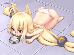 Rule 34 | 1girl, absurdly long hair, all fours, animal ears, barefoot, blonde hair, blue eyes, bowl, cat ears, cloel, full body, g41 (girls&#039; frontline), girls&#039; frontline, heterochromia, long hair, low-tied long hair, open mouth, panties, red eyes, solo, tongue, tongue out, topless, underwear, underwear only, very long hair, water