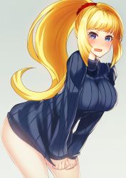 Rule 34 | 1girl, akai kagerou, bare legs, blonde hair, blue eyes, blush, breasts, clothes pull, female focus, grey background, gundam, gundam tekketsu no orphans, kudelia aina bernstein, large breasts, leaning forward, long hair, long sleeves, looking at viewer, no pants, open mouth, ponytail, ribbed sweater, scrunchie, simple background, solo, striped, sweater, sweater pull, turtleneck, vertical stripes, wavy mouth