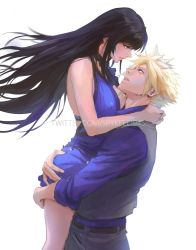 Rule 34 | 1boy, 1girl, ass grab, bare arms, bare legs, bare shoulders, belt, black belt, black hair, blonde hair, blouse, blue dress, blue eyes, blue shirt, blush, breasts, carrying, cloud strife, collared shirt, couple, covered erect nipples, dress, earrings, eye contact, final fantasy, final fantasy vii, final fantasy vii remake, from side, grey pants, grey vest, half-closed eyes, hetero, highres, holding, holding person, hug, jewelry, large breasts, leaning, leaning back, lips, long hair, long sleeves, looking at another, looking down, looking up, neck, official alternate costume, pants, red eyes, shirt, short dress, simple background, sleeves rolled up, smile, spiked hair, spykeee, square enix, straight hair, tifa lockhart, tifa lockhart (refined dress), twitter username, vest, wall market, white background