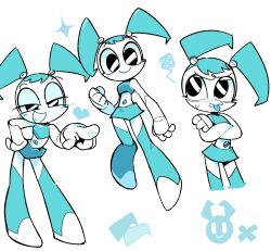 Rule 34 | bare arms, bare shoulders, black hair, blue hair, crossed arms, disgust, female focus, hand on own hip, happy, heart, highres, jenny wakeman, joints, kim crab, leaning forward, looking at viewer, midriff, my life as a teenage robot, navel, nickelodeon, pointing, robot girl, robot joints, skirt, smug, tongue, twintails, white background