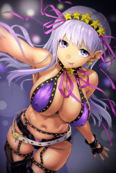 Rule 34 | 1girl, :p, armpits, bare shoulders, bb (fate), bb (fate) (all), bb (swimsuit mooncancer) (fate), bb (swimsuit mooncancer) (second ascension) (fate), belt, bikini, black garter belt, blush, boots, breasts, cleavage, collarbone, commentary request, fate/grand order, fate (series), fingerless gloves, garter belt, garter straps, gloves, hair ribbon, large breasts, long hair, looking at viewer, micro shorts, nail polish, navel, purple bikini, purple eyes, purple hair, ribbon, shiny skin, shorts, smile, solo, standing, star (symbol), swimsuit, teoshiguruma, thigh boots, thighhighs, tongue, tongue out, very long hair