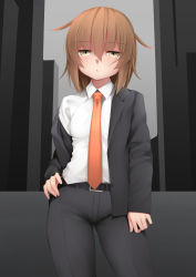 Rule 34 | 1girl, bad id, bad pixiv id, belt, black belt, black jacket, black pants, blush, brown hair, closed mouth, formal, hair between eyes, hand on own hip, jacket, kantai collection, ne an ito, necktie, off shoulder, orange necktie, pant suit, pants, shirt, solo, suit, wakaba (kancolle), white shirt, yellow eyes
