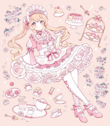 Rule 34 | 1girl, absurdres, asymmetrical sleeves, bow, cake, cake slice, center frills, cup, cupcake, dress, flower, food, footwear ribbon, frilled dress, frilled socks, frills, fruit, high heels, highres, hoshifuru akiyo, hourglass, lolita fashion, macaron, mismatched sleeves, original, pastel colors, pink background, pink bow, pink dress, pink flower, pink footwear, pink rose, pink theme, plate, rose, saucer, short sleeves, socks, solo, strawberry, teacup, teapot, twintails, two-tone bow, white bow, white dress, white flower, white rose, white socks, wide sleeves