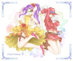 Rule 34 | 1990s (style), 2girls, armlet, belt, boots, bracelet, copyright name, dancer, dancer (final fantasy), dress, faris scherwiz, final fantasy, final fantasy v, flower, flower in mouth, frilled dress, frills, hair flower, hair ornament, hat, high heels, jewelry, knife, lenna charlotte tycoon, long hair, midriff, multiple girls, pink eyes, pink hair, ponytail, pouch, purple eyes, purple hair, rapier, red flower, red mage (final fantasy), red rose, retro artstyle, rose, scabbard, sheath, sheathed, short hair, siblings, sisters, skirt, skirt set, strapless, strapless dress, sword, takeda yuuko, thigh strap, weapon, yellow dress