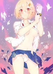 Rule 34 | 1girl, absurdres, blonde hair, blue skirt, blush, bracelet, breasts, cleavage, closed mouth, collared shirt, copyright request, cowboy shot, gluteal fold, hair ornament, hairclip, hati105, highres, jewelry, looking at viewer, medium breasts, miniskirt, navel, no bra, panties, red eyes, shirt, short hair, short sleeves, skirt, solo, sparkle, standing, torn clothes, torn panties, torn shirt, torn skirt, unbuttoned, unbuttoned shirt, underwear, v-shaped eyebrows, white shirt