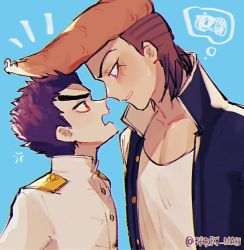 Rule 34 | 2boys, anger vein, artist name, barry nah, black hair, black jacket, blue background, blush, brown hair, buttons, collarbone, danganronpa: trigger happy havoc, danganronpa (series), eye contact, grey jacket, highres, ishimaru kiyotaka, jacket, looking at another, male focus, multiple boys, notice lines, owada mondo, open clothes, open jacket, open mouth, pompadour, red eyes, shirt, spiked hair, thought bubble, white shirt