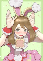 Rule 34 | 1girl, animal ears, arms up, blush, brown hair, commentary request, creatures (company), easter, eyelashes, fake animal ears, game freak, green background, grey eyes, hairband, highres, long hair, looking at viewer, may (pokemon), may (spring 2021) (pokemon), nintendo, official alternate costume, open mouth, pokemon, pokemon masters ex, purple skirt, rabbit ears, rabbit pose, red wrist cuffs, short sleeves, shun (aptx4869-shellingford), skirt, smile, solo, tongue, wrist cuffs, yellow hairband