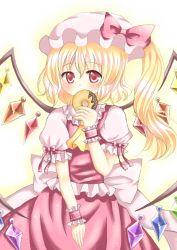 Rule 34 | 1girl, amiguri, amiguri1108, ascot, blonde hair, bow, covering own mouth, doughnut, flandre scarlet, food, hat, hat ribbon, looking at viewer, mob cap, puffy short sleeves, puffy sleeves, red eyes, ribbon, shadow, short hair, short sleeves, side ponytail, skirt, skirt set, solo, touhou, white background, wings, wrist cuffs