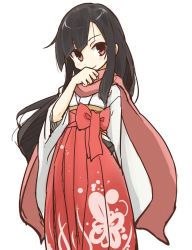 Rule 34 | 1girl, bad id, bad twitter id, black hair, blush, bow, covering own mouth, floral print, hakama, hakama skirt, hand over own mouth, japanese clothes, kimono, long hair, looking at viewer, meiji schoolgirl uniform, original, parted bangs, red eyes, red hakama, scarf, senhappyaku, simple background, skirt, smile, solo, white background