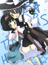 Rule 34 | 2girls, alice margatroid, alice margatroid (cosplay), artist name, bad id, bad pixiv id, black hair, black rock shooter, blue eyes, blue hair, blush, bow, carrying, cosplay, dress, embarrassed, english text, green eyes, hair ornament, hairband, hat, kirisame marisa, kirisame marisa (cosplay), kuroi mato, moorina, multiple girls, open mouth, panties, princess carry, skull, star (symbol), striped clothes, striped panties, takanashi yomi, text focus, thighhighs, touhou, twintails, underwear, upskirt, witch hat