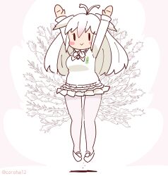 Rule 34 | 1girl, arms up, bird girl, bird tail, bird wings, bow, bowtie, cardigan, coroha, feathered wings, full body, grey background, head wings, jumping, kemono friends, kemono friends 3, long hair, looking at viewer, pantyhose, shoes, simple background, skirt, solo, tail, white hair, white peafowl (kemono friends), wings