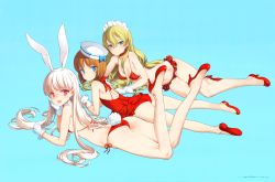 Rule 34 | 3girls, :d, absurdres, animal ears, aqua background, ass, bare legs, bare shoulders, bikini, bikini skirt, blonde hair, blue eyes, blush, breasts, brown hair, casual one-piece swimsuit, cleavage, collar, dated, detached collar, dixie cup hat, eiyuu senki, fake animal ears, flat chest, flats, francis drake (eiyuu senki), gloves, hair between eyes, hairband, hat, head rest, high heels, highres, long hair, long legs, looking at viewer, lying, maid headdress, military hat, multiple girls, navel, no socks, on side, on stomach, one-piece swimsuit, ooyari ashito, open mouth, parted lips, pink eyes, polka dot, polka dot swimsuit, rabbit ears, red bikini, red one-piece swimsuit, shoes, short hair, side-tie bikini bottom, sideboob, sidelocks, signature, simple background, sir kay (eiyuu senki), sir percival (eiyuu senki), small breasts, smile, string bikini, swimsuit, white gloves, white hair