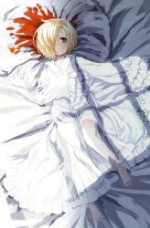 Rule 34 | 1girl, :x, abe kanari, barefoot, bed sheet, blonde hair, blood, blood stain, brown eyes, closed mouth, commentary, dot mouth, frilled sleeves, frills, from above, full body, grey eyes, hair over one eye, idolmaster, idolmaster cinderella girls, looking at viewer, lying, nightgown, on back, on bed, pale skin, shirasaka koume, short hair, sleeves past fingers, sleeves past wrists, solo, sunlight, white theme, window shadow