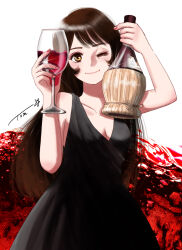 Rule 34 | 1girl, arm up, black dress, bottle, breasts, brown hair, chutohampa, cleavage, collarbone, cup, dress, drinking glass, halterneck, highres, holding, holding bottle, holding cup, long hair, medium breasts, one eye closed, original, signature, smile, solo, wine bottle, wine glass