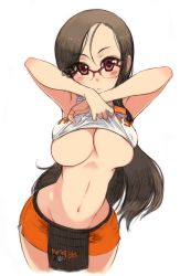 Rule 34 | 1girl, :o, areola slip, bad id, bad twitter id, bare shoulders, black hair, blush, breasts, brown eyes, cleavage, clothes lift, clothes writing, curvy, employee uniform, glasses, groin, hooters, kusanagi tonbo, large breasts, lifting own clothes, long hair, looking at viewer, navel, no bra, no legwear, original, revision, shirt lift, simple background, solo, standing, underboob, uniform, white background, wide hips