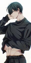 Rule 34 | 1boy, abs, absurdres, black shirt, blue lock, commentary request, green eyes, green hair, hand on own head, hand under clothes, hand under shirt, highres, itoshi rin, long sleeves, looking at viewer, male focus, may (illust man 2020), navel, parted lips, shirt, short hair, simple background, solo, white background