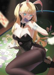 Rule 34 | 1girl, animal ears, aqua eyes, aya (lezon), bare shoulders, black leotard, blonde hair, blush, bow, bowtie, breasts, card, detached collar, fake animal ears, highres, holding, holding card, large breasts, leotard, long hair, looking at viewer, mole, mole on breast, mole under eye, original, pantyhose, playboy bunny, poker chip, poker table, rabbit ears, smile, solo, strapless, strapless leotard, table, twintails, wrist cuffs