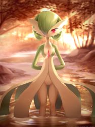 Rule 34 | 1girl, :3, absurdres, ancesra, arms behind back, artist name, blurry, blurry background, blush, bob cut, breasts, closed mouth, colored skin, creatures (company), english text, female focus, forest, game freak, gardevoir, gen 3 pokemon, gluteal fold, green skin, hair over one eye, half-closed eyes, happy, highres, light rays, looking at viewer, multicolored skin, nature, nintendo, outdoors, partially submerged, patreon username, pokemon, pokemon (creature), pussy, red eyes, ripples, short hair, small breasts, smile, solo, standing, straight-on, stream, sunlight, sunset, tree, two-tone skin, uncensored, wading, water, watermark, white skin