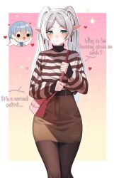 Rule 34 | 1boy, 1girl, absurdres, alternate costume, bag, blush, breasts, brown pantyhose, brown skirt, earrings, english text, frieren, grey hair, heart, highres, himmel (sousou no frieren), jewelry, large breasts, long hair, noodychaan, pantyhose, pencil skirt, pink bag, pointy ears, shirt, shoulder bag, skirt, smile, sousou no frieren, spoken character, striped clothes, striped shirt, twintails