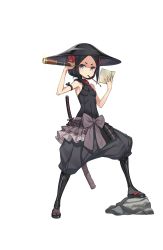 Rule 34 | 1girl, bare shoulders, black eyes, black hair, black hat, black legwear, breasts, flower, full body, glint, hair flower, hair ornament, hat, highres, katana, looking at viewer, mouth hold, official art, paintbrush, princess principal, princess principal game of mission, rock, sandals, sheath, short hair, small breasts, solo, spyglass, standing, sword, toudou chise, transparent background, weapon