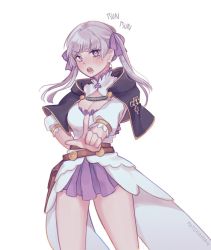Rule 34 | 1girl, artist request, black clover, blush, bow, breasts, cleavage, cloak, dress, hair bow, highres, large breasts, layered dress, long hair, looking at viewer, noelle silva, open mouth, pointing, purple eyes, silver hair, thighs, tsundere, twintails, white background, white dress