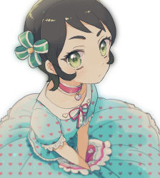 Rule 34 | 1girl, :|, aikatsu!, aikatsu! (series), asami (highway), blush, brown hair, choker, closed mouth, collarbone, dress, frilled dress, frills, from above, green eyes, hair ornament, heart, kamiya shion, looking at viewer, own hands together, short hair, simple background, solo, white background