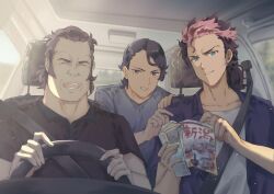 Rule 34 | 3boys, ^ ^, absurdres, black hair, black shirt, blue shirt, brothers, brown eyes, brown hair, car interior, closed eyes, collarbone, collared shirt, driving, father and son, grey shirt, guel jeturk, gundam, gundam suisei no majo, highres, holding, holding magazine, lauda neill, low ponytail, magazine (object), male focus, medium hair, multicolored hair, multiple boys, open mouth, pink hair, pohjola, shirt, siblings, smile, steering wheel, two-tone hair, vehicle interior, vim jeturk