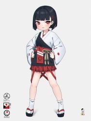 Rule 34 | 1girl, black footwear, black hair, blush, commentary request, full body, grey background, hair ornament, hairclip, hands on own hips, highres, japanese clothes, kimono, kuro kosyou, long sleeves, looking at viewer, original, parted lips, pleated skirt, red eyes, red skirt, sandals, short hair, simple background, skirt, socks, solo, standing, tabi, v-shaped eyebrows, white kimono, white socks, wide sleeves, zouri