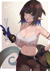 Rule 34 | 1girl, aqua eyes, arknights, armlet, belt, black gloves, blue gloves, blue hair, blunt bangs, border, breasts, brown hair, brown pants, cleavage, commentary request, cowboy shot, crop top, eunectes (arknights), eunectes (forgemaster) (arknights), gloves, gradient background, grey background, hand on own hip, highres, holding, large breasts, looking at viewer, multicolored hair, navel, official alternate costume, one side up, open mouth, outside border, pants, sanukiske, short hair, sleeveless, snake tail, solo, stomach, tail, two-tone gloves, two-tone hair, white border, wrench