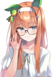 1girl absurdres adjusting_eyewear bespectacled black-framed_eyewear blue_eyes blunt_bangs blush casual closed_mouth collarbone commentary_request glasses hair_ornament headband highres hime_cut horse_girl long_hair looking_at_viewer orange_hair pandoa_(mikage0495) portrait silence_suzuka_(umamusume) smile solo umamusume white_background