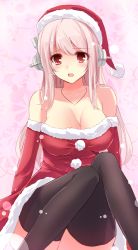 Rule 34 | 1girl, aosaki yukina, bare shoulders, black thighhighs, blush, breasts, cleavage, collarbone, detached sleeves, female focus, hat, headphones, jewelry, knees up, large breasts, long hair, looking at viewer, necklace, nitroplus, no bra, open mouth, pink eyes, pink hair, red eyes, santa costume, santa hat, sitting, solo, super sonico, thighhighs, zettai ryouiki