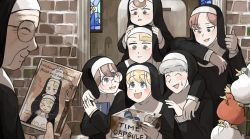 Rule 34 | 6+girls, :d, :t, ^ ^, beard, bible (object), bird, blonde hair, blue eyes, book, hugging book, box, brick wall, brown eyes, brown hair, cheek bulge, chicken, chili pepper, church, closed eyes, clumsy nun (diva), commentary, cross, diva (hyxpk), duck, elbow rest, english commentary, english text, facial hair, freckles, froggy nun (diva), glasses, glasses nun (diva), grey hair, habit, hand on another&#039;s head, hand on another&#039;s shoulder, highres, holding, holding book, holding box, holding photo, hugging object, hungry nun (diva), ladle, little nuns (diva), looking up, mole (animal), mother superior (diva), mouth hold, multiple girls, nun, object on head, old, old woman, open mouth, peeking out, photo (object), pillar, red eyes, red hair, sheep nun (diva), silhouette, smile, spicy nun (diva), spoon, stained glass, stuffed toy, sweatdrop, thumbs up, tongue, tongue out, traditional nun, triangle mouth, wall, yellow eyes